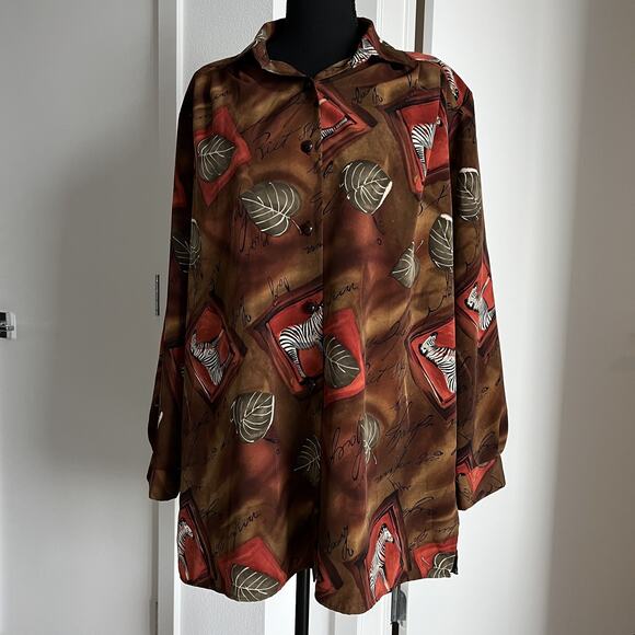 Vintage Maggie Sweet Shirt Womens Large Oversized Zebra Leaf Print Button Up USA - Picture 1 of 16